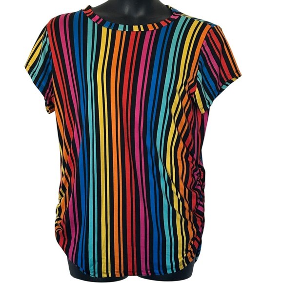 Rainbow Stripe Short Sleeve Womens Polyester  Spandex Casual - Picture 1 of 6